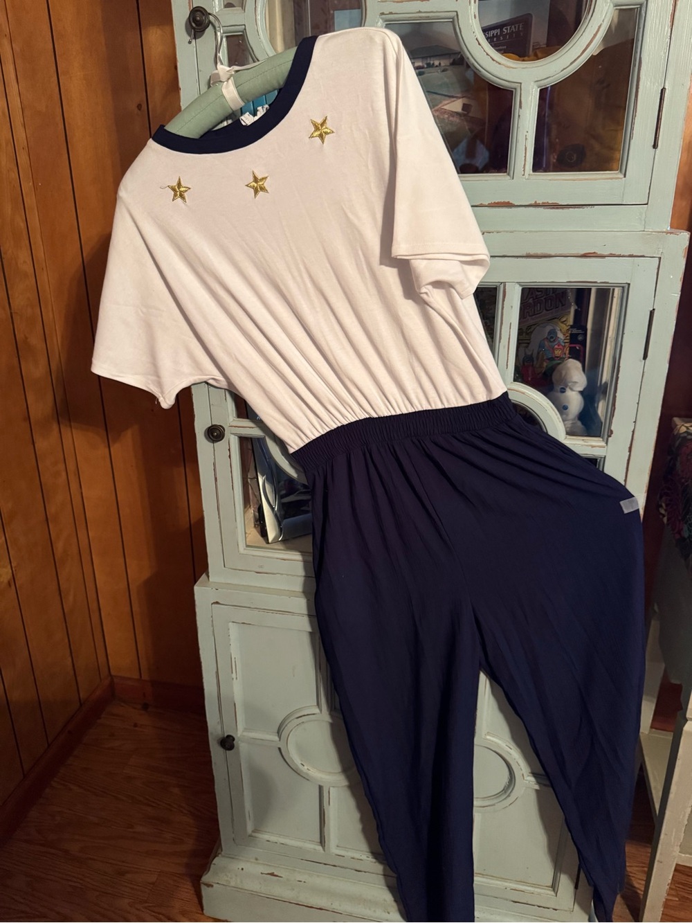 Donna Toran  Size M Ladies Jumpsuit Navy White W Gold Embellished Stars B5